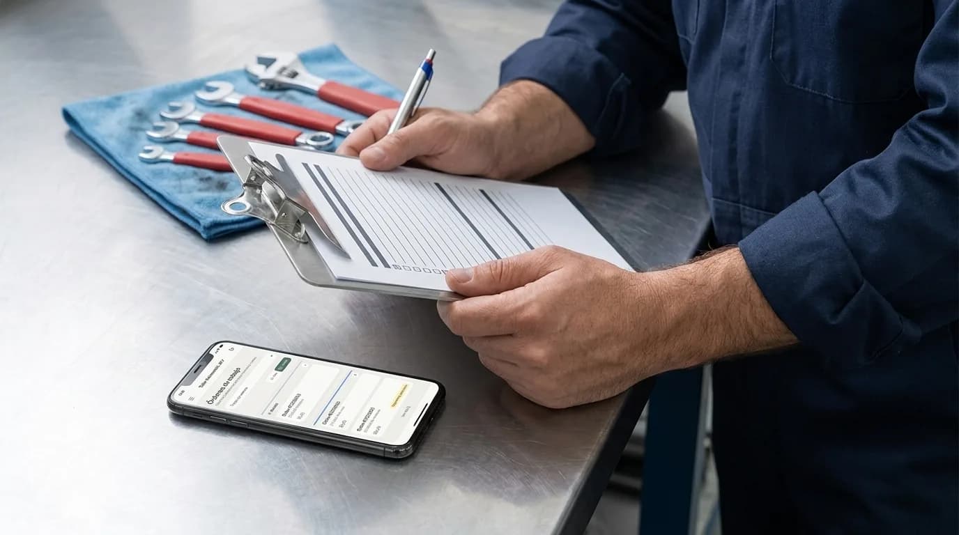 Mecánico registrando una orden de trabajo, con la misma orden en su celular
