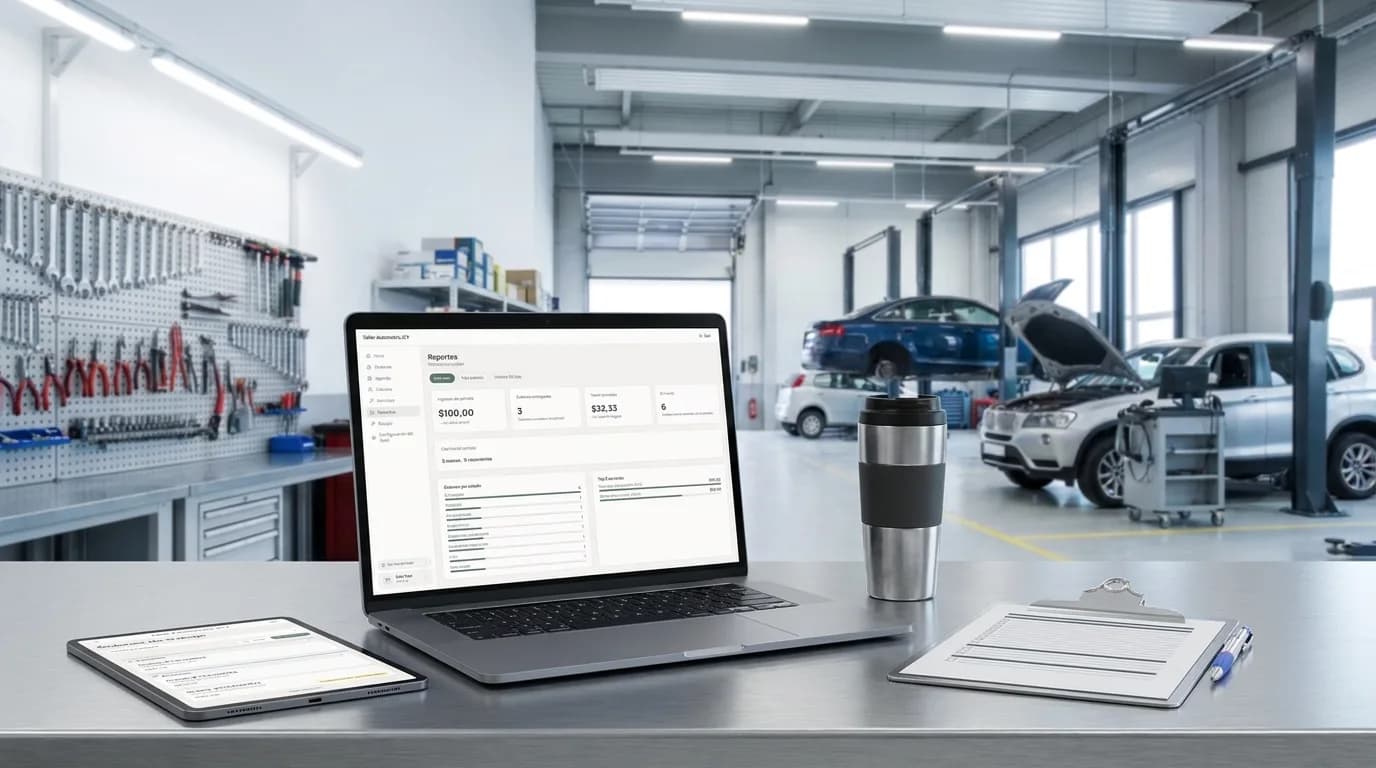 El software de gestión de Mecanio abierto en una laptop dentro de un taller