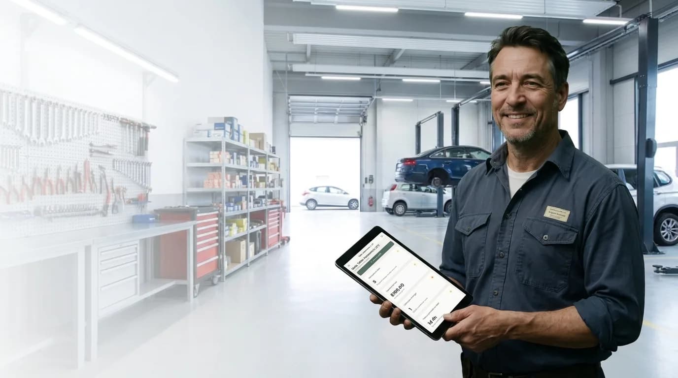 Mecánico mostrando Mecanio en una tablet dentro del taller